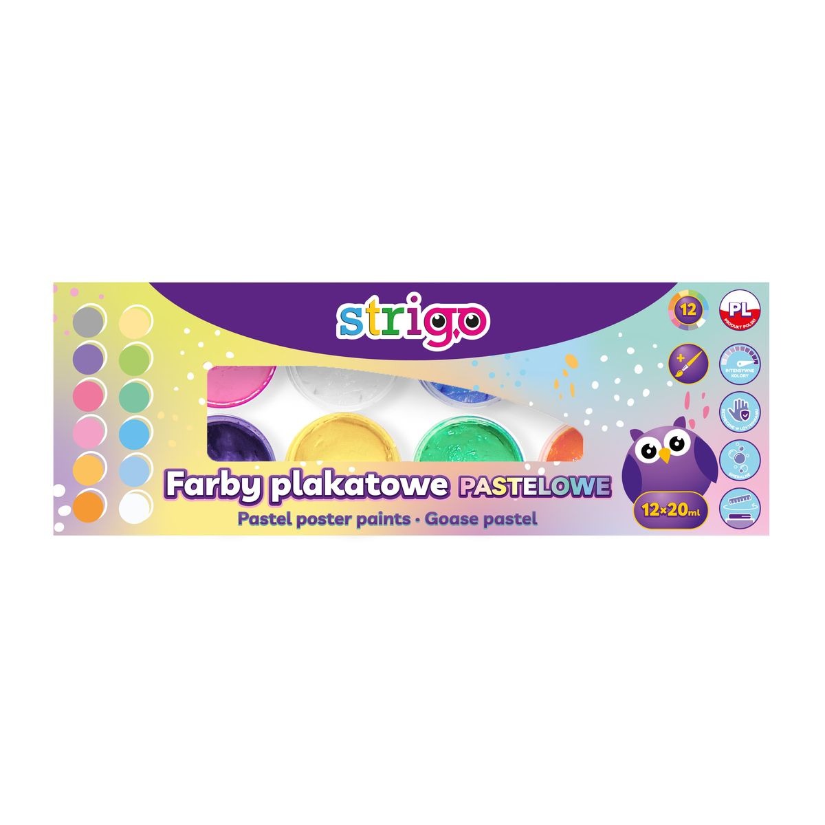 Farby plakatowe pastelowe Strigo 12 kolorów po 20 ml pędzelek