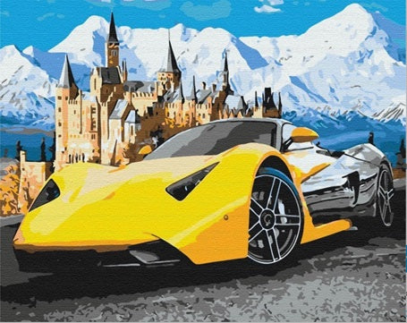Diamentowa mozaika Auto sportowe żółte obok zamku w górach NO-1007745