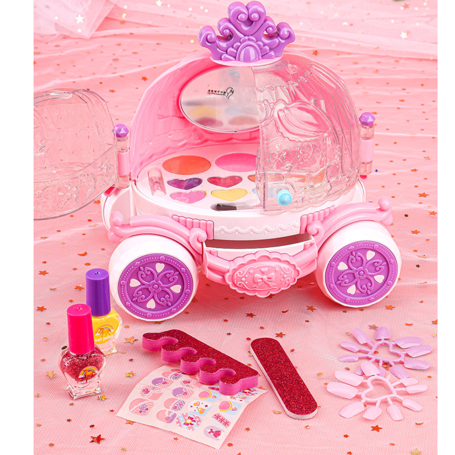 ZESTAW KOSMETYKÓW DO MAKIJAŻU KUFEREK KAROCA MAKE UP LAKIERY NAKLEJKI RÓŻE