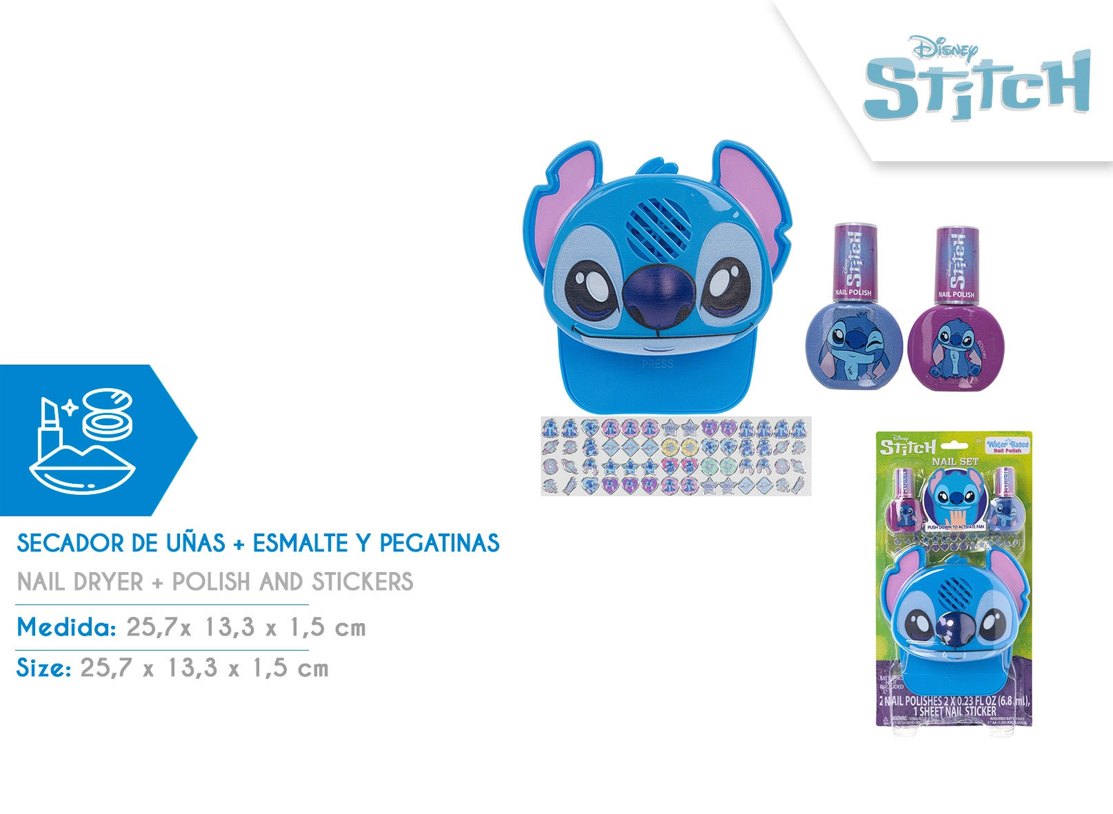 Zestaw suszarka do paznokci + 2 lakiery + naklejki Stitch SI0095GG