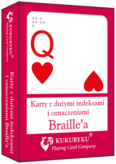 Karty do gry czerwone z dużymi indeksami i znakami Braile:a