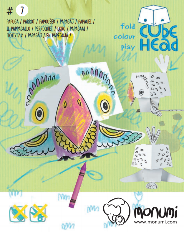 Papuga cube head złóż i pokoloruj
