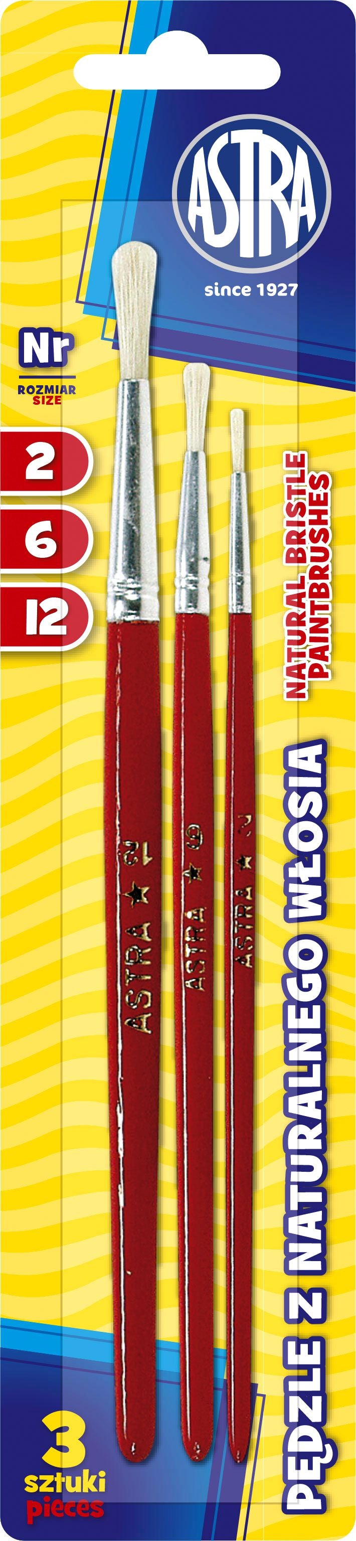 Zestaw pędzli z naturalnego włosia Astra 3 sztuki rozmiary 2/6/12