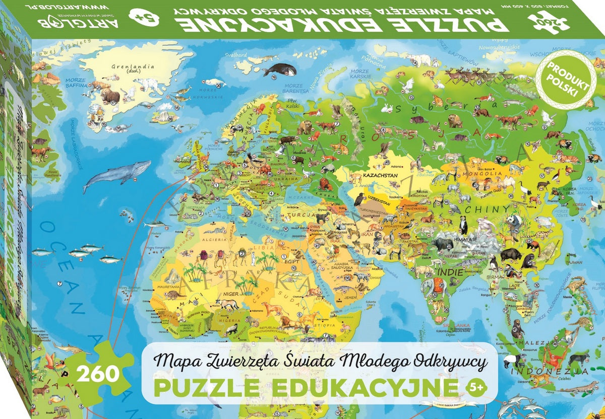 Puzzle 260 zwierzęta świata mapa młodego odkrywcy dla dzieci